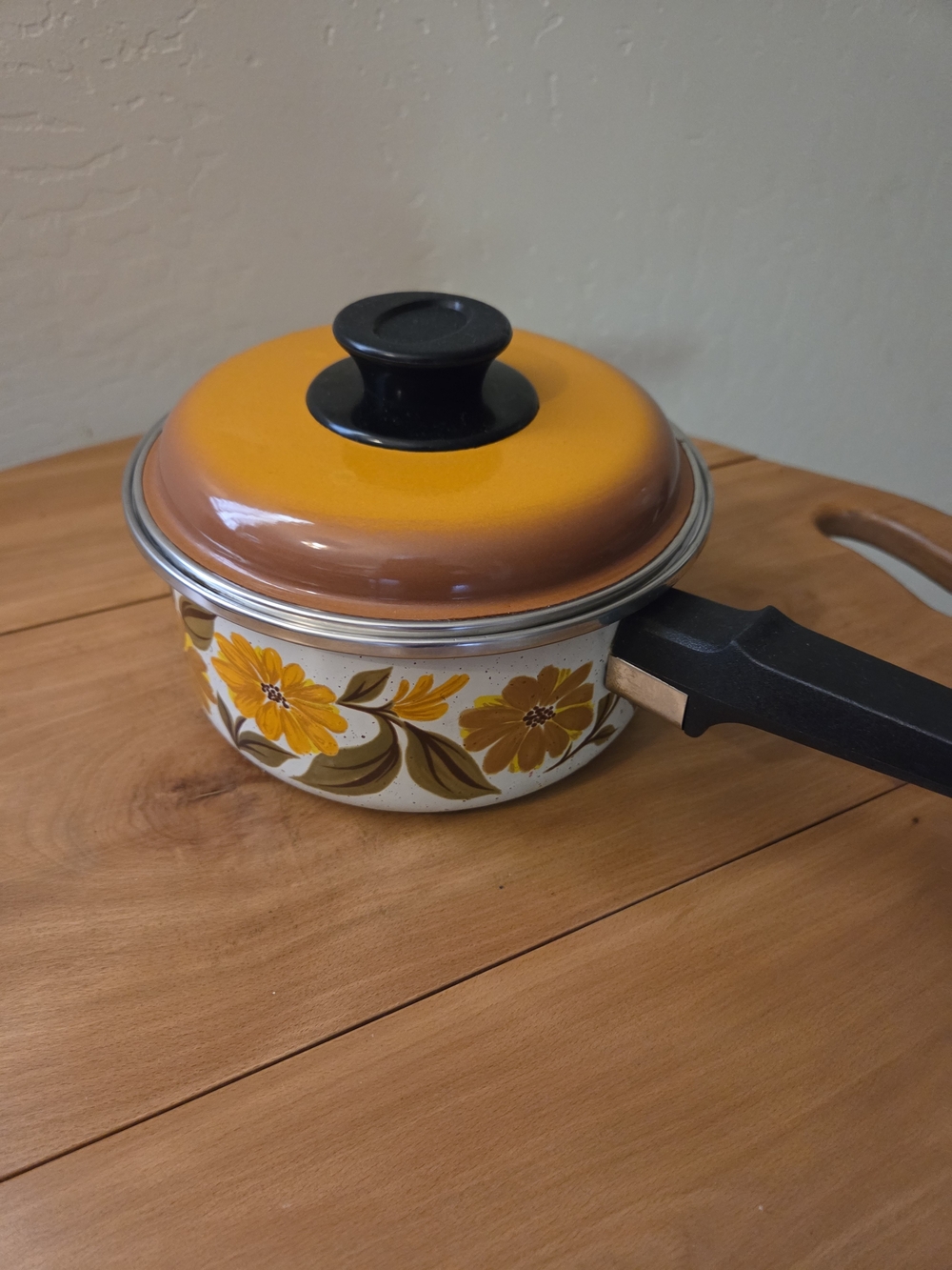 Yellow Floral Enamel Vintage 1970s Capri Saucepan with Lid and Black Handle